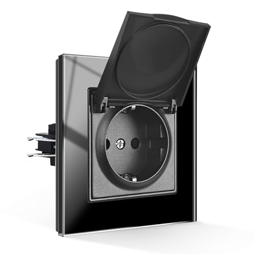 CNBINGO Wasserdicht Steckdose mit Klappdeckel, Schuko Steckdose Unterputz mit Krallen, Einzel Steckdose mit deckel, Schwarz Glas Schutzkontakt Wandsteckdose, 1-Fach, 16Amp, 250V von CNBINGO