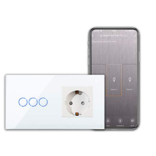 CNBINGO Smart Touchschalter mit Schuko Steckdose unterputz mit Glasrahmen, WLAN Lichtschalter Arbeit mit Alexa, Google Assistant, Wandschalter dreifach in Weiß, Ohne Neutralleiter von CNBINGO