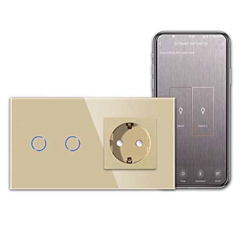CNBINGO Smart Touchschalter mit Schuko Steckdose unterputz mit Glasrahmen, WLAN Lichtschalter Arbeit mit Alexa, Google Assistant, Wandschalter zweifach in Gold, Ohne Neutralleiter CNBINGO Smart Touchschalter mit Schuko Steckdose unterputz mit Glasrahmen, WLAN Lichtschalter Arbeit mit Alexa, Google Assistant, Wandschalter zweifach in Gold, Ohne Neutralleiter von CNBINGO