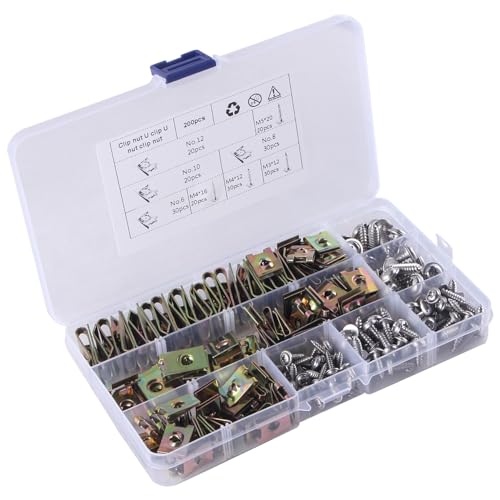 CNCYEAH 200 Stück Blechmuttern set, Blechschrauben Sortiment, U-Typ Metall Clipmuttern mit 304 Edelstahlschrauben, Karosserieschrauben, Karosseriemuttern für Auto Motorrädern von CNCYEAH