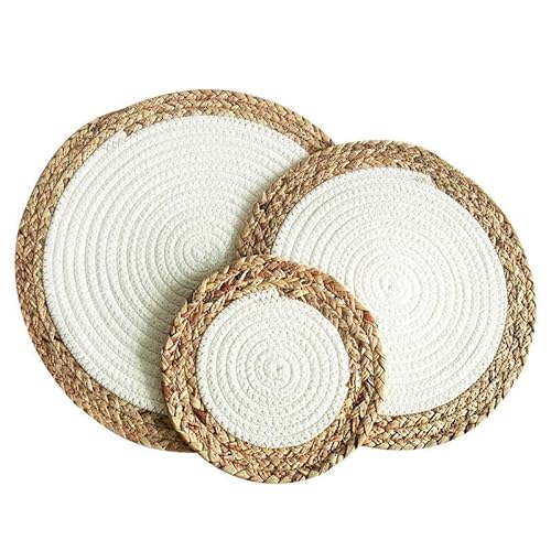 Gewebte Tischsets, 1/3pcs 20/30cm Woven Placemats, Round Placemats, Wicker Water Hyacinth With Cotton Placemats(White,30cm) von CNDBAHHE