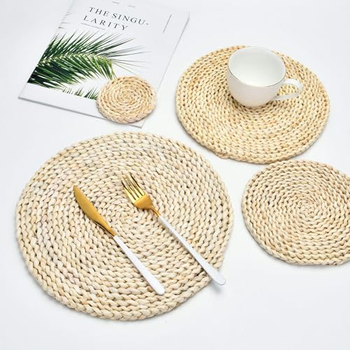 Gewebte Tischsets, 10-33cm Round/Elliptic/Square Woven Placemats, Natural Corn Husk Place mats(33cm) von CNDBAHHE