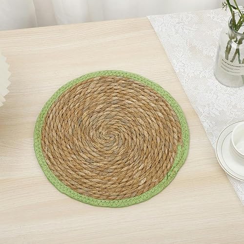 Gewebte Tischsets, 15-30cm Round Boho Rattan Placemats Natural Hand-Woven Placemats Corn Husk Placemats(Green 30cm) von CNDBAHHE