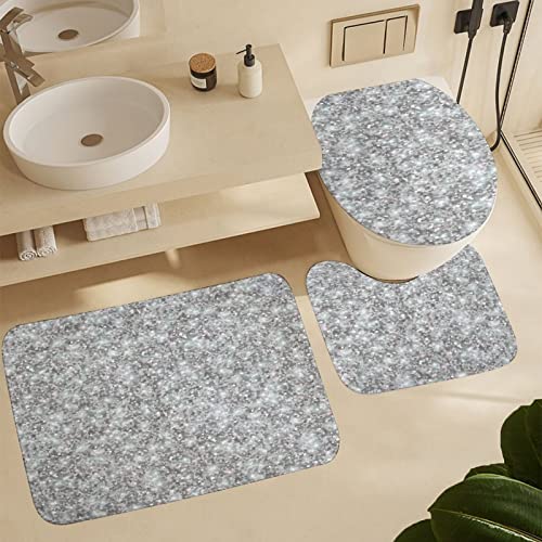 3 Stück Badematten 3D Silber Glitzer Pailletten Bling Badezimmer Teppiche Matte Waschbar Sets Badteppiche Saugfähige WC-Vorleger Set für Schlafzimmer Badezimmer Küche von CNDJSFF