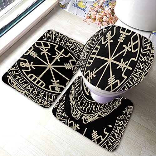 Badezimmer Vorleger 3-Teiliges Wikinger Magischer Runenkompass Vegvisir Nordische Runen Drachen Schwarz U-Förmiger Teppich Wc Vorleger Set 3 Teilig Weiches Badvorleger Toilettensitz Dreiteiliges von CNDJSFF