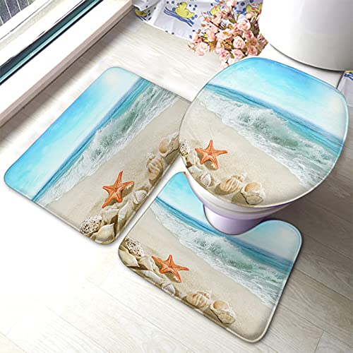Badteppich-Set 3-Teilig Spritzende Wellen Strand Seestern Blau Badezimmer Vorleger 3-Teiliges Waschbar Wc Vorleger Set 3 Teilig Weiches Badematte von CNDJSFF