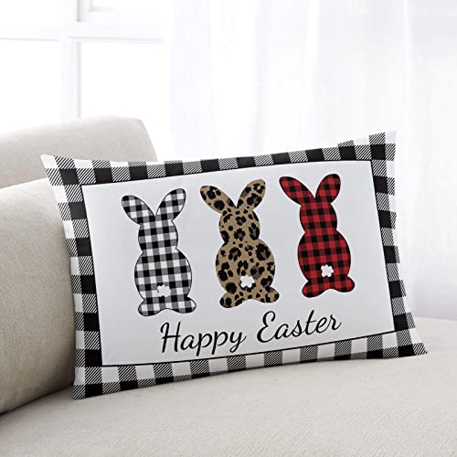 Kopfkissenbezug Fröhliches Ostern-Kaninchen-Schwarz-Weiß Kariertes Häschen-Büffel-Karo-Leopard Kissenbezüge Waschbar Zierkissenbezug Mode Kissen Fall Für Sofa Büro Wohnzimmer 40X60cm von CNDJSFF