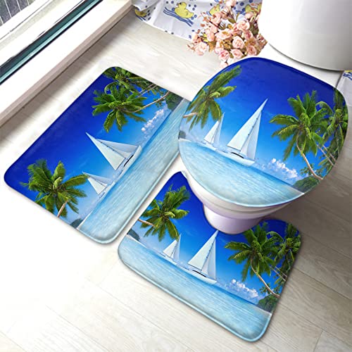 U-Förmiger Teppich 3D-Segelboote, Tropische Weiße Schiffe, Strand, Sommer, Schöne Insel Der Exotik Wc Vorleger Set 3 Teilig Weiches Badteppich-Set 3-Teilig Waschbar Badezimmer von CNDJSFF