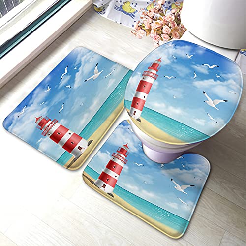 U-Förmiger Teppich Leuchtturm-Strand, Helle Wolke, Blauer Himmel, Bunt Badteppich-Set 3-Teilig Atmungsaktivem Wc Vorleger Set 3 Teilig Weiches Badvorleger von CNDJSFF