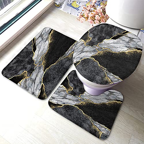 U-Förmiger Teppich Marmormosaik Japanischer Kintsugi-Marmorstein Schwarz Weiß Goldene Adern Wc Vorleger Set 3 Teilig Atmungsaktivem Badteppich-Set 3-Teilig Waschbar Badezimmer von CNDJSFF
