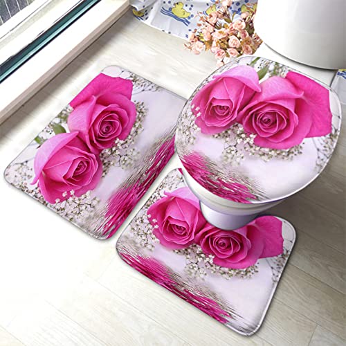 U-Förmiger Teppich Rote Rose Schöne Blumenreflexion Im Wasser Badezimmer Vorleger 3-Teiliges Waschbar Wc Vorleger Set 3 Teilig Weiches Badvorleger Für Schlafzimmer Badezimmer von CNDJSFF