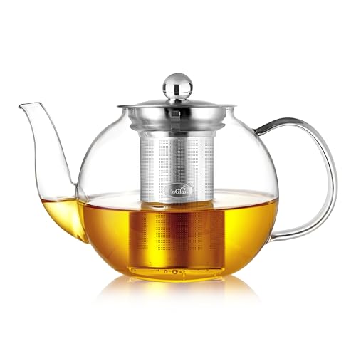 CNGLASS 1200ml/40,5oz Teekanne Glas mit Herausnehmbarem Teesieb aus 304 Edelstahl, Klare Glasteekanne Herdplattensichere für Lose Blätter und Blühenden Tee von CNGLASS