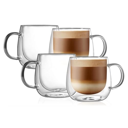 CNGLASS 480ml/16oz Doppelwandige Kaffeetassen 4er Set, Große Thermo Latte Macchiato Gläser mit Henkel,Thermo Glas Kaffeebecher für Cappuccino, Milch, Tee von CNGLASS