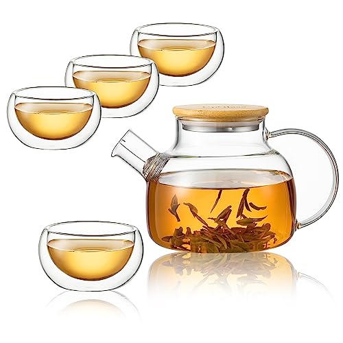 CNGLASS 900 ml Glas Teekanne mit Bambusdeckel, für Herdplatte und doppelwandige Glas-Teetassen, Glas-Teebereiter, Geschenkset für lose Blätter und blühenden Tee, 4 Stück von CNGLASS
