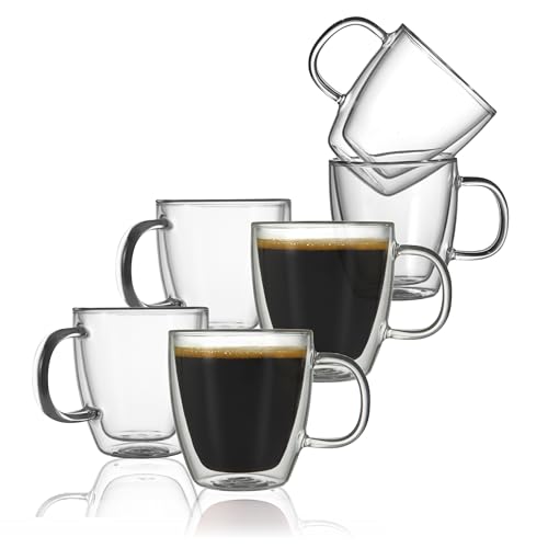 CNGLASS Doppelwandige Espressotassen 160ml/5.4oz, Isolierte Kaffeegläser 6er Set, Klare Tassen mit Henkel, Teetassen für Kalte und Heiße Getränke von CNGLASS