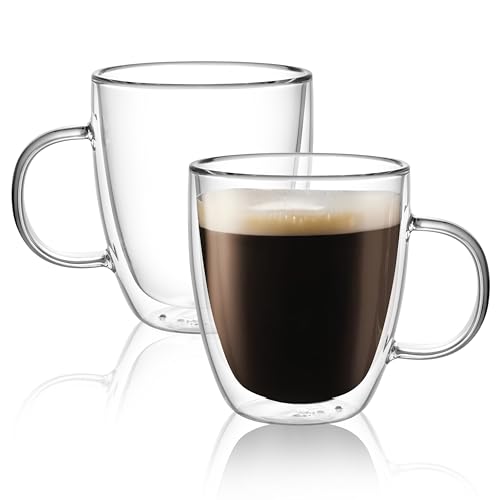 CNGLASS Doppelwandige Macchiato Gläser 500ml/17oz, Groß Isolierte Kaffeetassen Glas 2er Set, Klare Kaffeegläser Tassen mit Henkel für Kalte und Heiße Getränke von CNGLASS