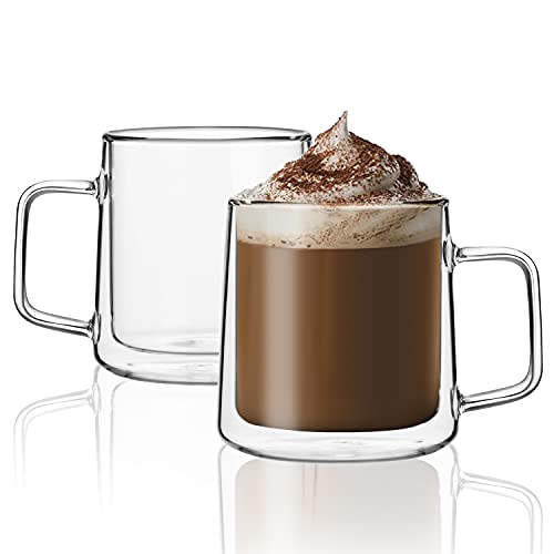 CNGLASS Gläser Kaffeebecher (Set 2x450ml), Doppelwandige Isolierglasbecher mit Griff, klare Espressobecher für Latte, Cappuccino, Teebeutel von CNGLASS