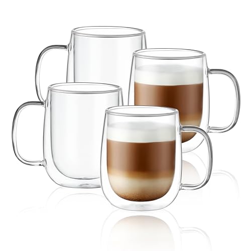 CNGLASS Latte Macchiato Gläser Set 4x355ml, Doppelwandige Kaffeegläser mit Griff,Glas-Kaffeetasse für Latte, Cappuccino, Teebeutel, heiße und kalte Getränke von CNGLASS