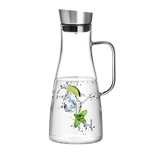 CnGlass 56oz/1650ml Glaskaraffe, Glaskrug Wasserkaraffe mit Edelstahldeckel, Borosilikatglas Wasserkrug für Saft, Teegetränk von CNGLASS