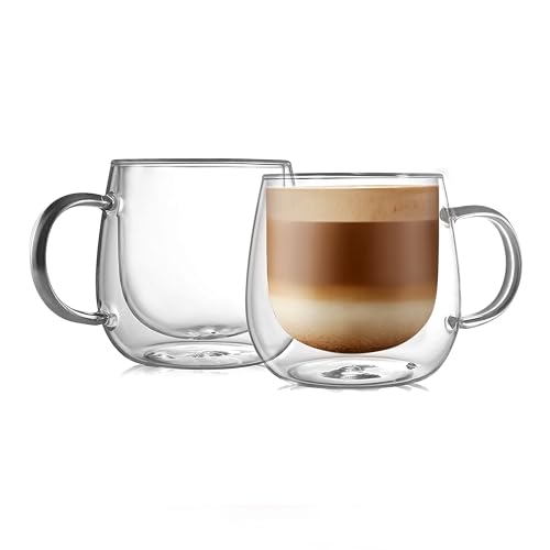 CNGLASS Doppelwandige Kaffeegläser 290ml/10oz, Isolierte Kaffeetassen Glas 2er Set, Klare Gläser Cappuccino Tassen mit Henkel für Kalte und Heiße Getränke von CNGLASS