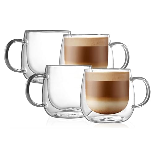 CNGLASS Doppelwandige Kaffeegläser 290ml/10oz, Isolierte Kaffeetassen Glas 4er Set, Klare Gläser Cappuccino Tassen mit Henkel für Kalte und Heiße Getränke von CNGLASS