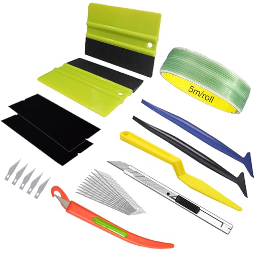 Messerband, Fenstertönungs-Set, 5 m, Design-Linie, Filzrakel mit Filzersatz, Sicherheitsschneider, Allzweckmesserklingen, Mikro-Eckabzieher, Vinyl-Wickelwerkzeuge (mit 5 m / Rolllinie) von CNGZSY