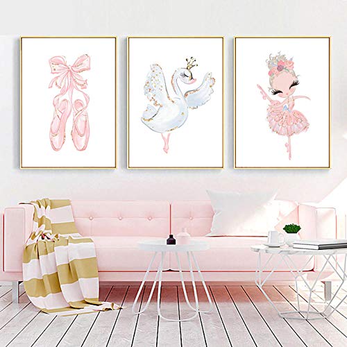 CNHNWJ Baby Mädchen Kindergarten Ballerina wandbilder Schwan Prinzessin Rosa Ballett Slipper Print Kinderzimmer Leinwanddruck Nordic Bilder Bilder (40x60 cm x 3 / kein Rahmen) von CNHNWJ