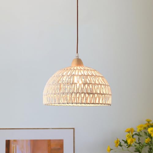 CNMKLM Boho Pendelleuchte Handgewebte Rattan Hängelampe Holzsockel Böhmische Pendellampe Esszimmer Kücheninsel Flur & Schlafzimmer Deckenleuchte Hängeleuchte(40CM) von CNMKLM