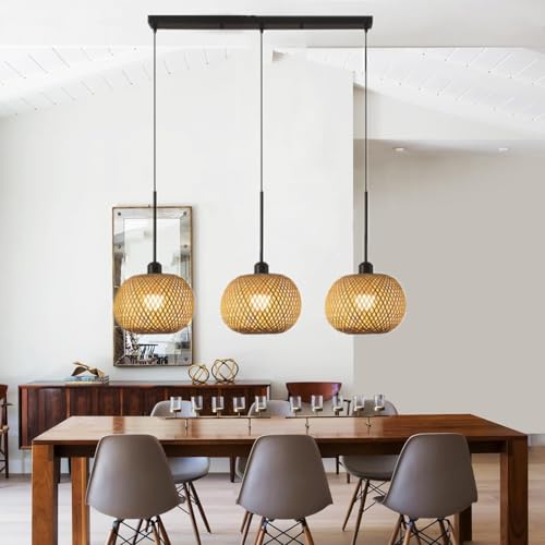 CNMKLM Boho Pendelleuchte Rustikale Esstisch Hängelampe Handgeflochtener Rattan-Korb Küsten-Esszimmerlampe 3 Lichter Bauernhaus Wicker Hängeleuchte Kücheninsel Esszimmer Schlafzimmer Pendellampe(A) von CNMKLM