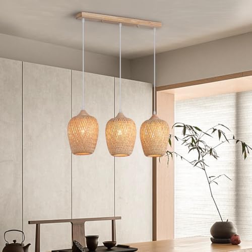 CNMKLM Boho Pendelleuchte Rustikale Esstisch Hängelampe Handgeflochtener Rattan-Korb Küsten-Esszimmerlampe 3 Lichter Bauernhaus Wicker Hängeleuchte Kücheninsel Esszimmer Schlafzimmer Pendellampe(C) von CNMKLM