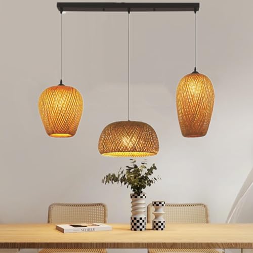 CNMKLM Boho Pendelleuchte Rustikale Esstisch Hängelampe Handgeflochtener Rattan-Korb Küsten-Esszimmerlampe 3 Lichter Bauernhaus Wicker Hängeleuchte Kücheninsel Esszimmer Schlafzimmer Pendellampe(B) von CNMKLM