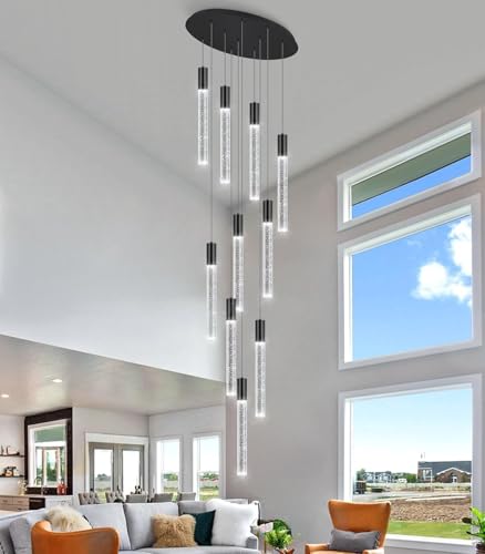 CNMKLM Hängelampe LED Dimmbare Modern Kristall Hängeleuchte Hohe Decke Foyer-Eingang Pendelleuchten Höheverstellba Kronleuchter Für Villa Esszimmer Korridor Treppe(Schwarz,10-lamps) von CNMKLM
