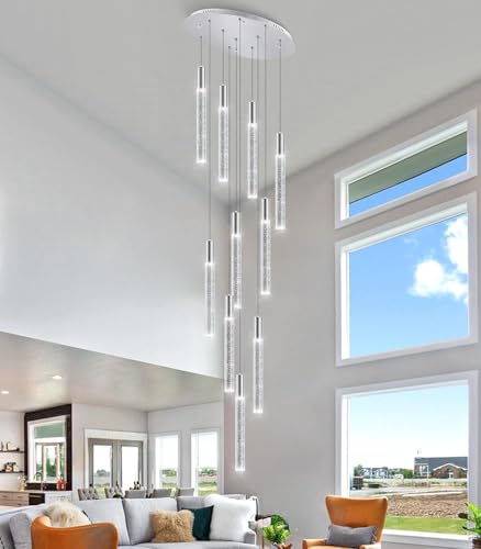 CNMKLM Hängelampe LED Dimmbare Modern Kristall Hängeleuchte Hohe Decke Foyer-Eingang Pendelleuchten Höheverstellba Kronleuchter Für Villa Esszimmer Korridor Treppe(Silber,10-lamps) von CNMKLM