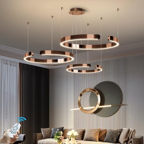 CNMKLM LED Hängeleuchte Dimmbar Moderne Ring Esszimmer-Pendelleuchte Kreatives C Design Hängelampe Höhenverstellbar Pendellampe Für Esstisch,Wohnzimmer,Schlafzimmer(Braun,3 rings/80+60+40CM/100W) von CNMKLM