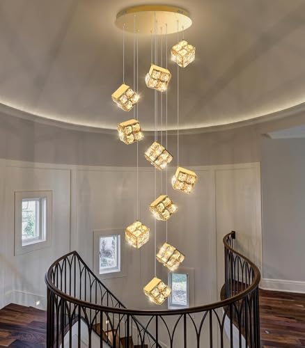 CNMKLM Moderne Hängeleuchte Für Esstisch K9 Kristall Edelstahl Gold Pendelleuchte LED Dimmbare Hängelampe Hohe Decke Kronleuchter Für Kücheninsel Foyer Hausflur Treppenhaus(10 heads) von CNMKLM