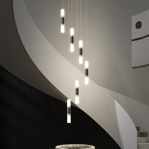 CNMKLM Moderne Pendelleuchte Für Eingangsbereich Decke Großer Hängeleuchte Dimmbare LED Treppe Hängelampe Lobby Wohnzimmer Pendellampe Foyer Hohe Kronleuchter (Schwarz Gold)(6 heads) von CNMKLM