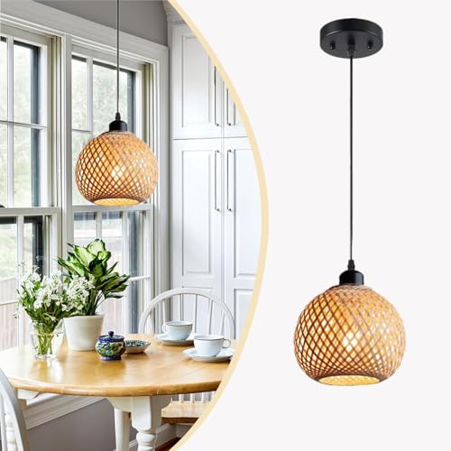 CNMKLM Pendelleuchte Aus Geflochtenem Bambus Verstellbare Bohemian Hängelampe Rattan Wicker Lampenschirm Hängeleuchte Hängend Deckenleuchte Für Kücheninsel Esstisch Bauernhaus Wohnzimmer(1-Light/30CM) von CNMKLM