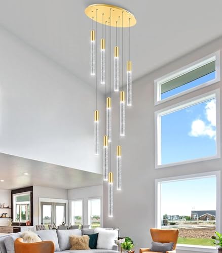 CNMKLM Pendelleuchten LED Dimmbare Modern Kristall Hängelampe Hohe Decke Foyer-Eingang Hängeleuchte Höheverstellba Kronleuchter Für Villa Esszimmer Korridor Treppe Lüster(Gold,10-lights) von CNMKLM