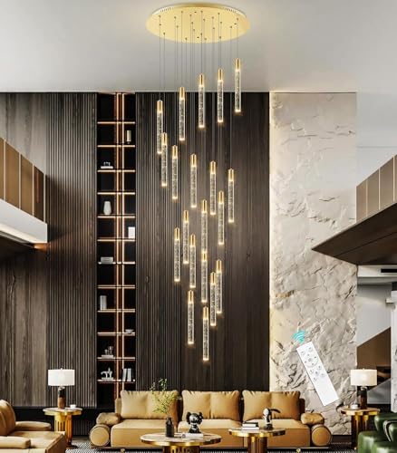 CNMKLM Pendelleuchten LED Dimmbare Modern Kristall Hängelampe Hohe Decke Foyer-Eingang Hängeleuchte Höheverstellba Kronleuchter Für Villa Esszimmer Korridor Treppe Lüster(Gold,20-lights) von CNMKLM