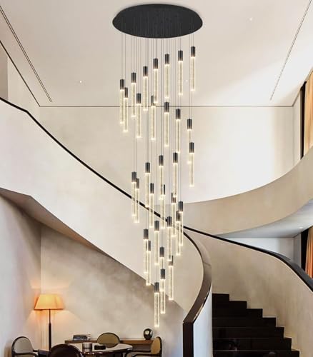CNMKLM Pendelleuchten LED Dimmbare Modern Kristall Hängelampe Hohe Decke Foyer-Eingang Hängeleuchte Höheverstellba Kronleuchter Für Villa Esszimmer Korridor Treppe Lüster(Schwarz,30-lights) von CNMKLM