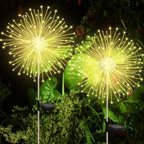 CNMTCCO 2 Stück Solar Feuerwerk Gartenlichter, Solar Garten Dekorative Lichter mit 120 LED,Solarstecker Gartenleuchten für Hinterhof Weg Rasen Terrasse (Warmweiß) von CNMTCCO