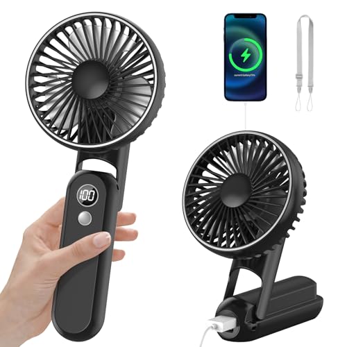 CNMTCCO Handventilator, Mini Tragbarer Ventilator, Wiederaufladbarer, Faltbarer USB-Ventilator Mit 5 Geschwindigkeitsstufen, Leiser Kleiner Persönlicher Ventilator mit Powerbank (Schwarz) von CNMTCCO
