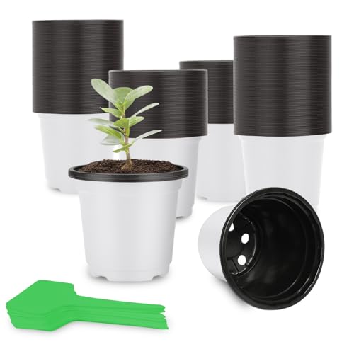 CNNIK 100 Stück Anzuchttöpfe 12cm Pflanztöpfe Kunststoff Rund Blumentopf Plastik Innen Außenbereich Anzuchttopf Weiß Untertopf mit 100 Stück Pflanzenschilder von CNNIK