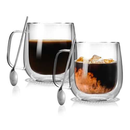 CNNIK Latte Macchiato Gläser Doppelwandige Kaffeegläser Espressotassen Cappuccino Tassen Kaffeetassen 2er Set 350ml Teegläser Doppelwandige Gläser mit Löffel, Untersetzer Cappuccinotassen von CNNIK