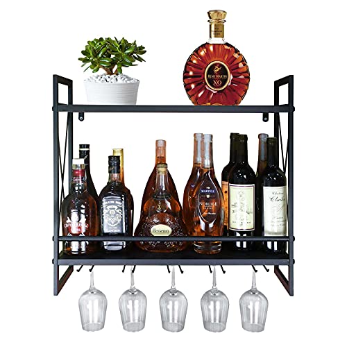 CNNINGYI Weinregale zur Wandmontage, 24,2-Zoll-Mehrzweckregal aus schwarzem Metall mit Glashalter, 2-stufiger Flaschenhalter zur Wandmontage, Glasregal von CNNINGYI