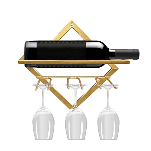 CNNINGYI Wandmontiertes Weinregal, Faltbare Weinflaschenregale aus Metall mit 3 Stielglashaltern, Hängeregal für Zuhause, Küche, Bar, Wanddekoration (Gold) von CNNINGYI