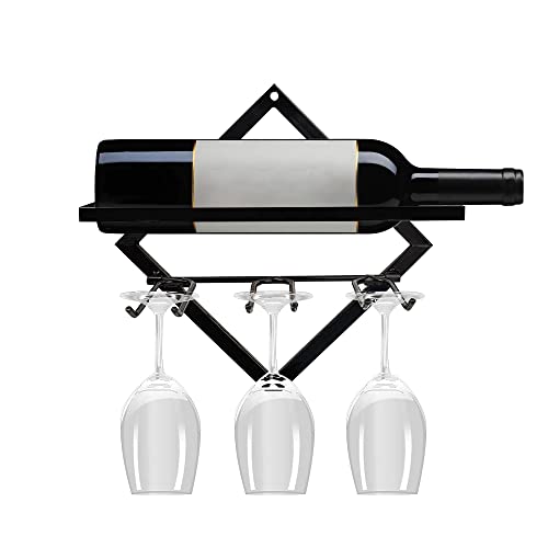 CNNINGYI Wandmontiertes Weinregal aus Metall, Faltbare Weinflaschenregale mit 3 Stielglashaltern, Hängeregal für Zuhause, Küche, Wohnzimmer, Bar, Wanddekoration (Schwarz) von CNNINGYI