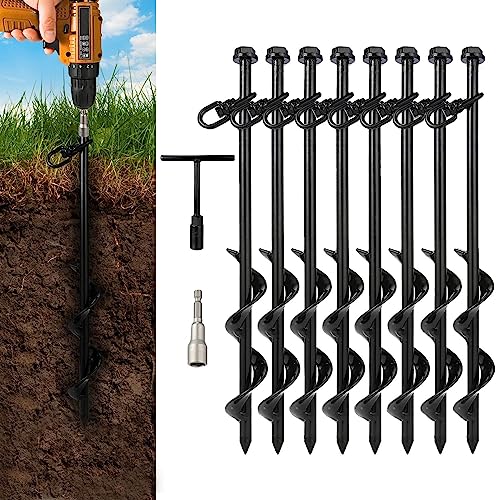 Bodenanker 8 Stück Erdanker 40cm Stahl Eindrehen Erdanker mit Erdbohrer Adapter & Metall Quergriff, für Garten, Camping, Trampolin und Zelten (40×3cm) von CNSTZX