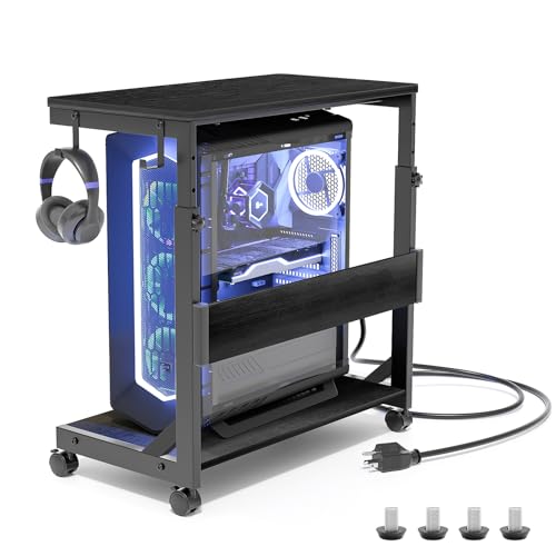 Höhenverstellbarer Computer-Tower-Ständer mit 2-stöckigem ATX-Gehäuse, bodenstehender Computerständer, Druckerständer mit Stauraum, feststellbare Rollen, passend für die meisten Computer (schwarz von CNTSLNB