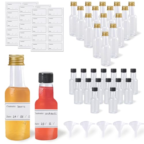 CNYMANY 30 Stk Mini-Schnapsflaschen, 1oz/30ml 2oz/60ml Mini-Alkoholflaschen aus Kunststoff mit 5 Trichtern und 30 Etikettenaufklebern, Schnapsflaschen mit Deckel für unverzichtbare Reisegeschenke von CNYMANY